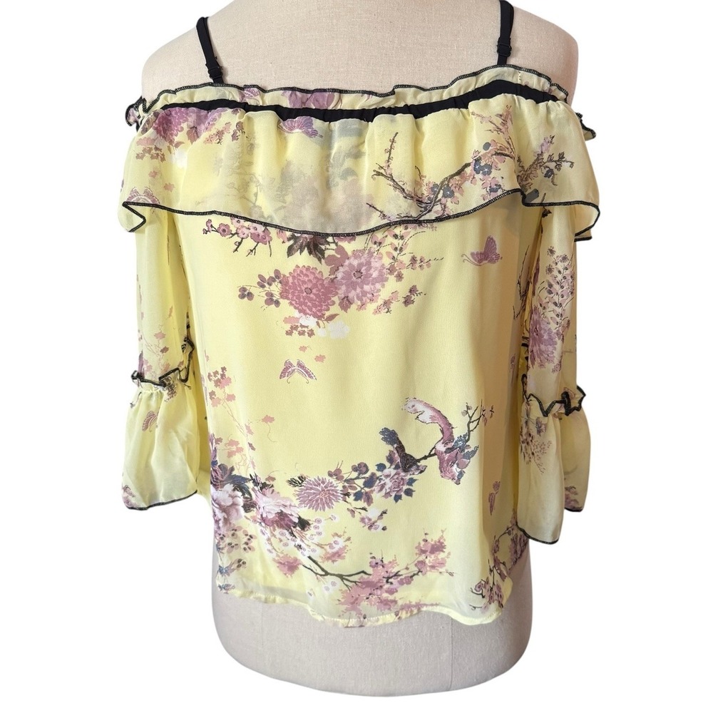 Olm Womens Floral Yellow M Lined 3/4 Sleeve Bouncy Ruffle Blouse Top